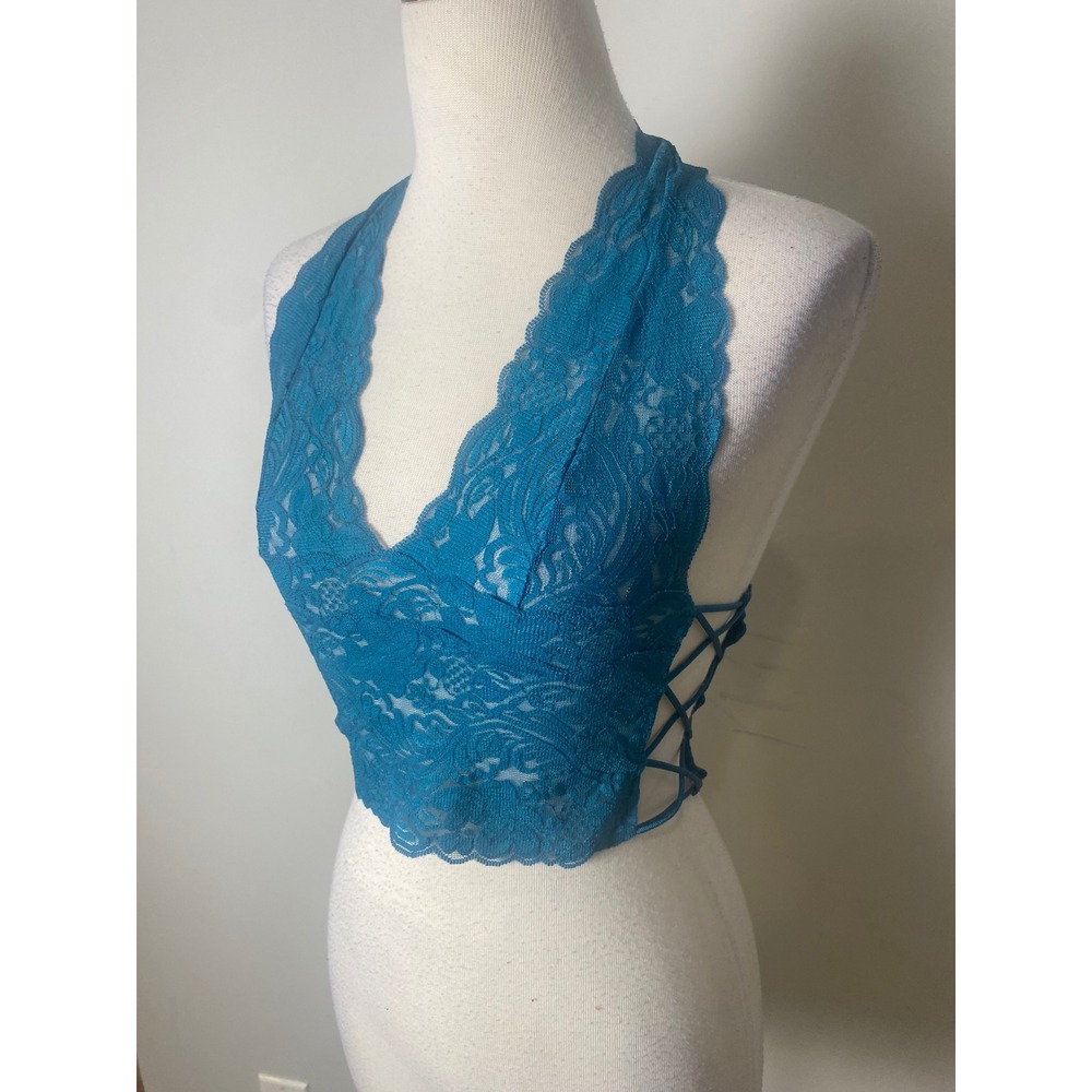 Fredericks of Hollywood Teal Blue Lace Halter Top Y2K Side Lace Up Corset Small